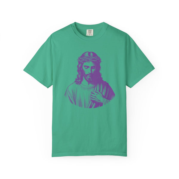 Teal Christian clothing t-shirt with purple Jesus front graphic print by Sandra Oles