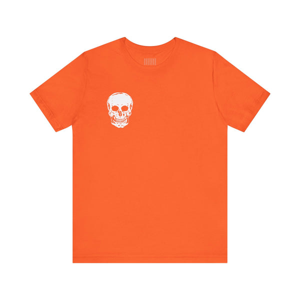 Orange skull graphic t-shirt with small white skull on front left chest.