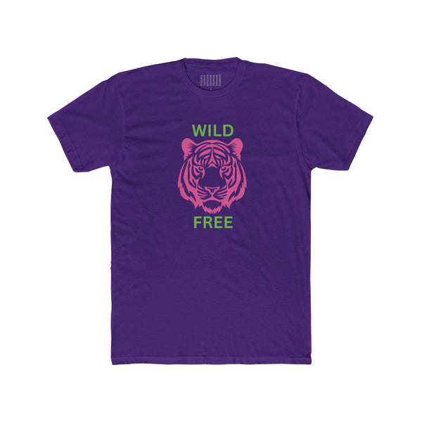 Purple tee with neon pink tiger and green "WILD FREE" text graphic