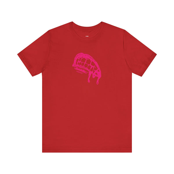 Red vampire t shirt with bold pink dripping fangs graphic for edgy streetwear style