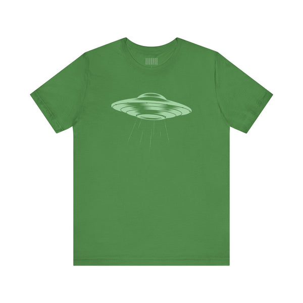 Celadon green unisex t-shirt with vintage comic style UFO spaceship graphic and beams
