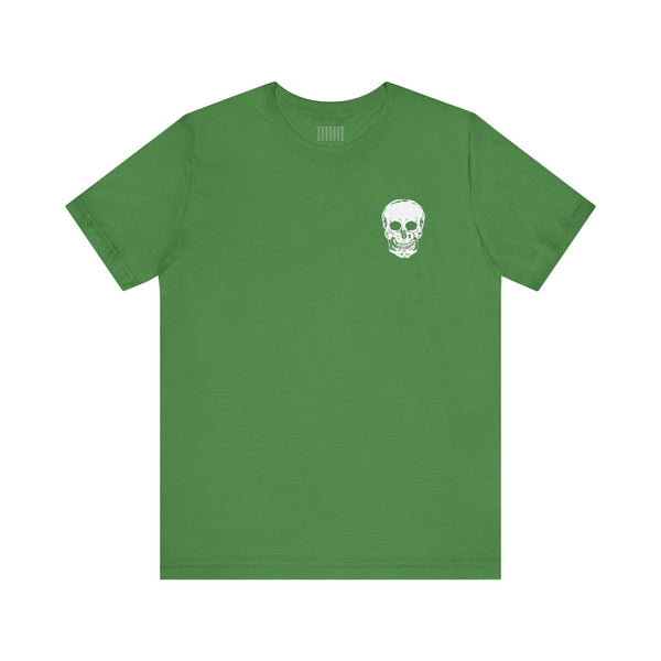 Green unisex skull t shirt with small white chest skull graphic, minimal streetwear style