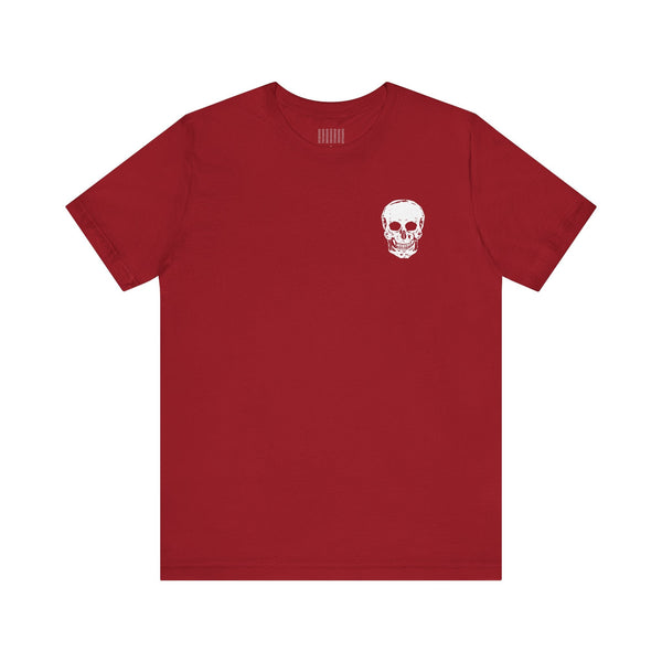 Red graphic tee with white mini skull on front and large skull back print