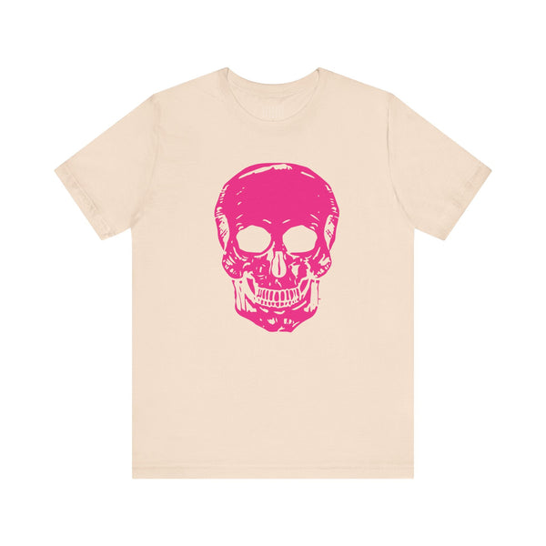 Unisex beige tee with large neon pink skull graphic, edgy t shirt design by Sandra Oles