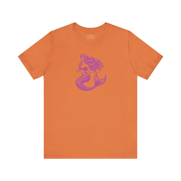 Orange unisex t-shirt with magenta mermaid graphic, myth-inspired siren design, breathable fabric mermaid t shirt