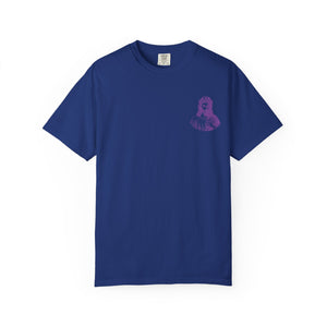 Blue unisex Christian streetwear tee with small purple Jesus graphic on left chest