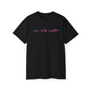 Black unisex ultra cotton tee with New York Style pink text design, made from 100% US cotton, seamless knit and ribbed collar.