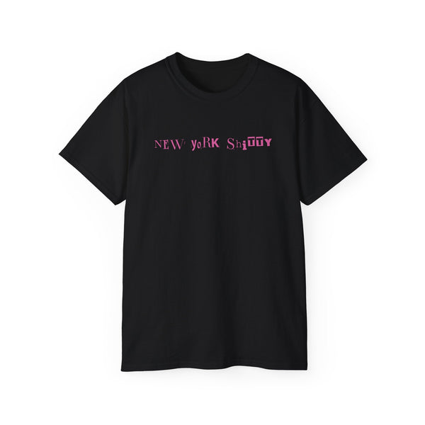 Black unisex ultra cotton tee with New York Style pink text design, made from 100% US cotton, seamless knit and ribbed collar.