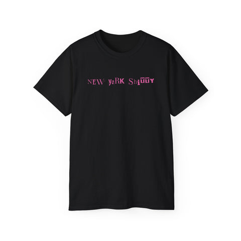 Black unisex ultra cotton tee with New York Style pink text design, made from 100% US cotton, seamless knit and ribbed collar.