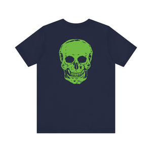 Black tee with large neon green skull graphic on back, casual music festival fashion shirt
