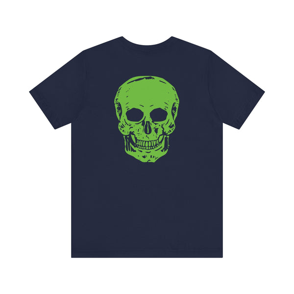 Black tee with large neon green skull graphic on back, casual music festival fashion shirt