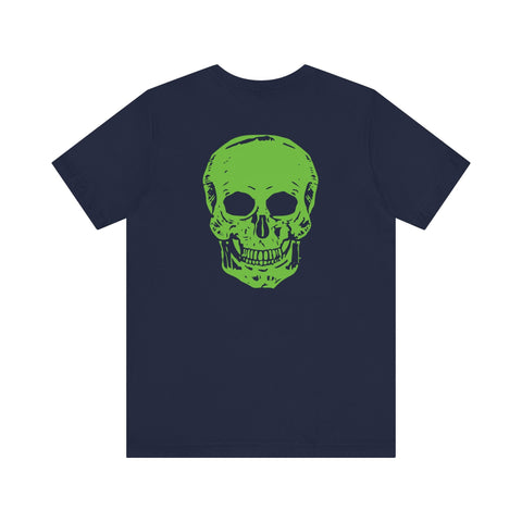 Black tee with large neon green skull graphic on back, casual music festival fashion shirt