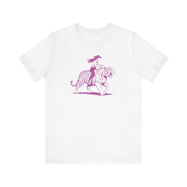 White unisex cotton tee with neon magenta cowgirl riding tiger graphic front print