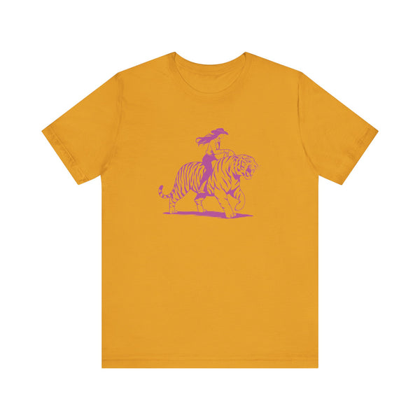 Cowgirl Riding Tiger Front Print Graphic Tee - Retro Style with Humor
