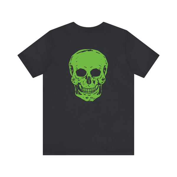 Green Jumbo Skull Back Print with Green Mini Skull Left Front Graphic Tee - Fugitive by Sandra Oles