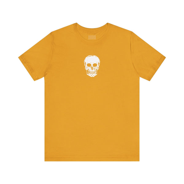 Mustard t-shirts with centered small white skull graphic on chest, made of soft cotton for casual streetwear.