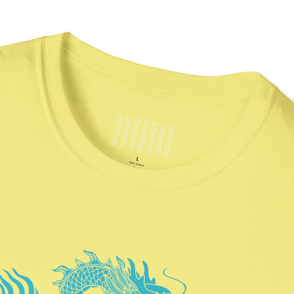 Yellow dragon t shirt with turquoise mythical serpent graphic design by Sandra Oles