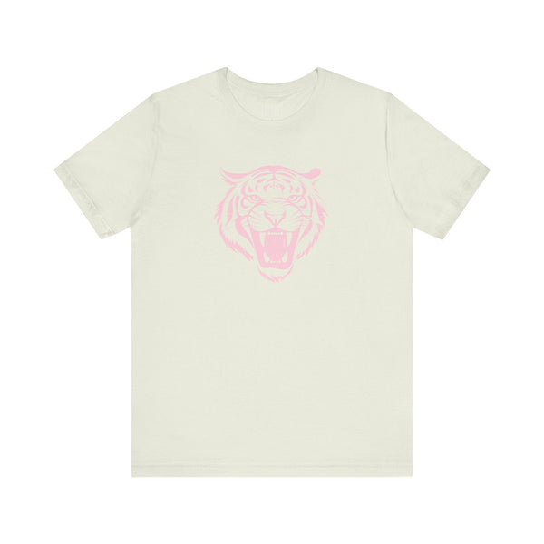 White unisex tee with pink pastel jumbo roaring tiger head graphic aesthetic t shirt