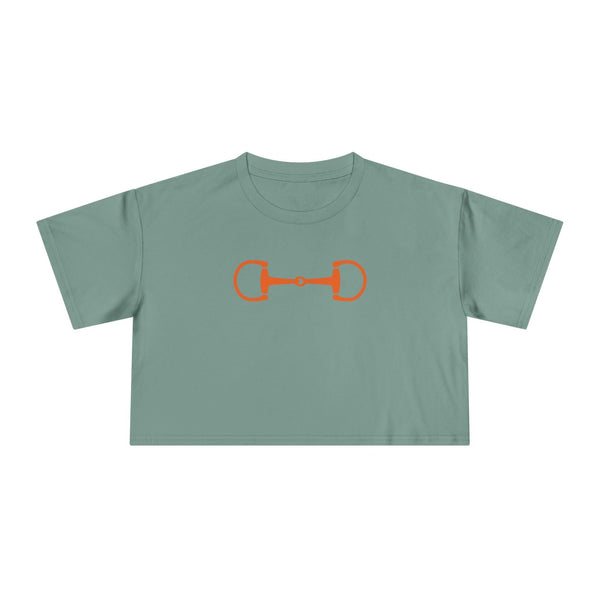Green cropped top with orange horsebit graphic, equestrian style tee for riders and horse lovers