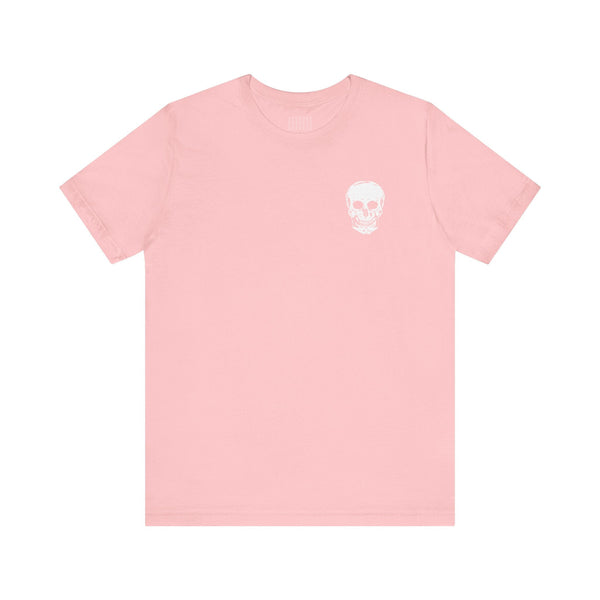 Pink graphic tee with white mini skull on front and large skull back print