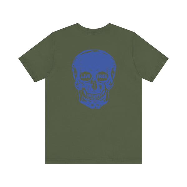 Olive green streetwear tee with jumbo blue skull back print featuring "Live Free" text in the eyes.