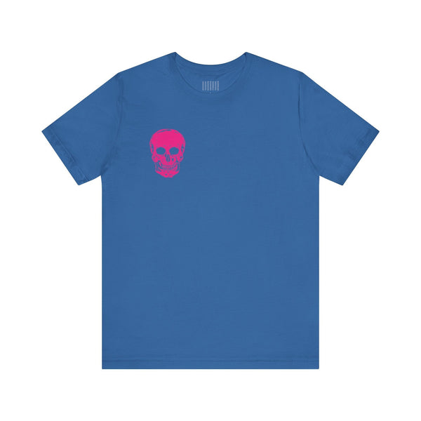Blue punk rock t-shirt with bold pink skull graphic on left chest.