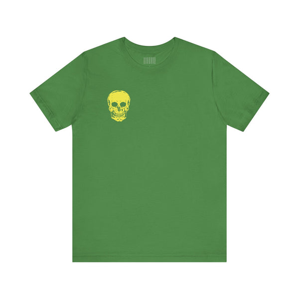 Green streetwear tee shirt with yellow mini skull graphic on left chest