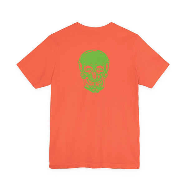 Orange t-shirt with green skull print graphic on back, modern streetwear skull print t-shirt