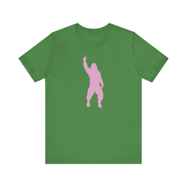 Green bigfoot t shirt with a cheeky pink Sasquatch silhouette graphic for mythical creature fans.
