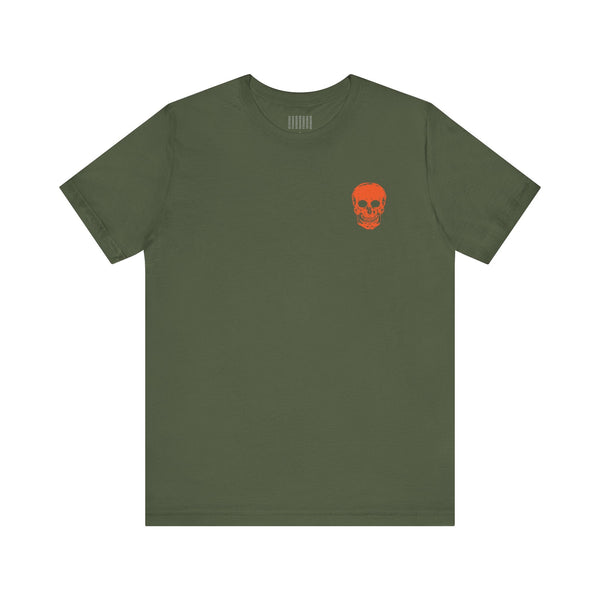 Olive green unisex t-shirt with small orange skull graphic on front left chest, cool skull shirt design