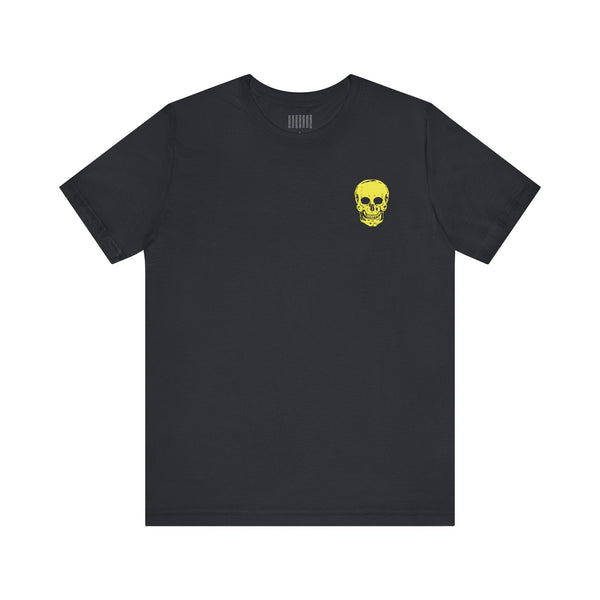 Black streetwear tee shirt with small yellow skull graphic on left chest