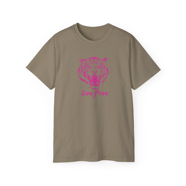 Pink “Live Free” Jumbo Retro Roaring Tiger Head Graphic Tee - Fugitive by Sandra Oles