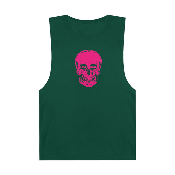 Green muscle tee with bold midscale pink skull graphic and raw sleeve edges