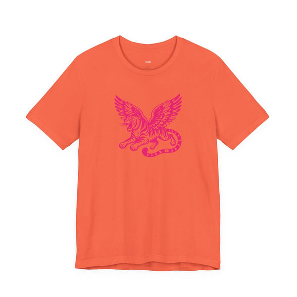 Orange streetwear mythical t shirt with pink winged lion graphic on the front