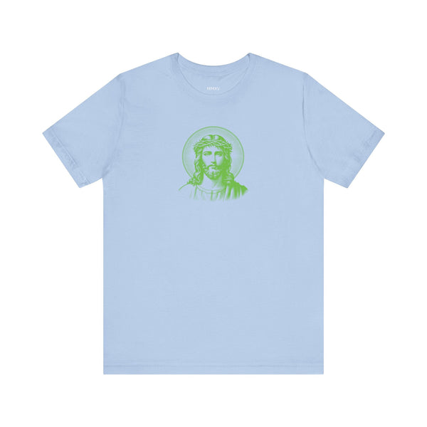 Green Mid-Scale Jesus with Halo Front Print Graphic Tee - Iconic by Sandra Oles