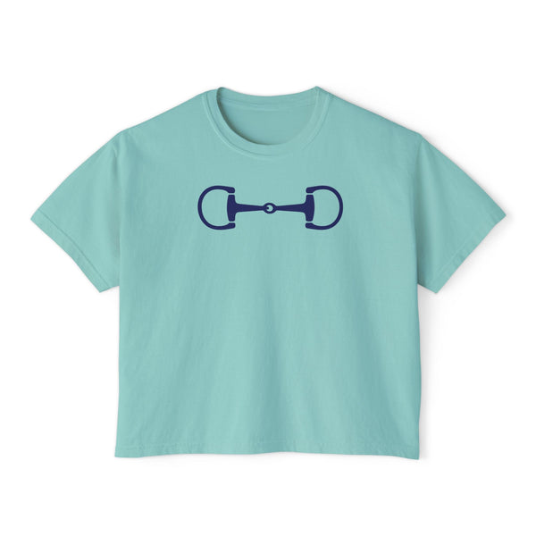 Light blue boxy fit t shirt with navy horsebit graphic across the chest, made of soft cotton.