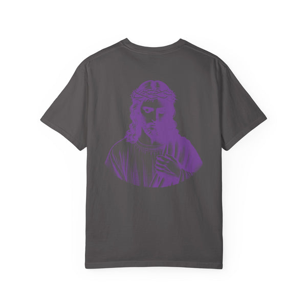 Purple Jumbo Jesus Back Print Tee with Purple Mini Jesus Front Left Graphic Tee - Iconic by Sandra Oles