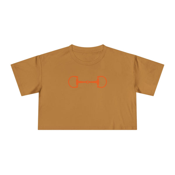 Orange horsebit graphic cropped top for equestrian style lovers