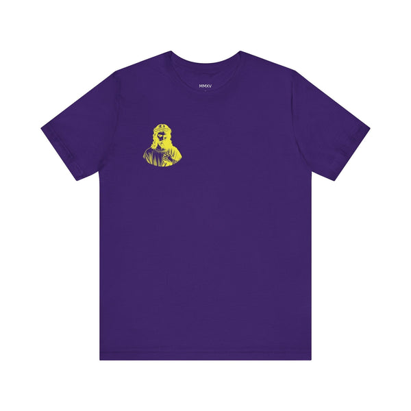 Purple Christian streetwear t-shirt with mini yellow Jesus print on front left chest and jumbo yellow Jesus graphic on back.