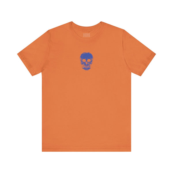 Orange graphic t shirt with blue skull design on chest by Sandra Oles