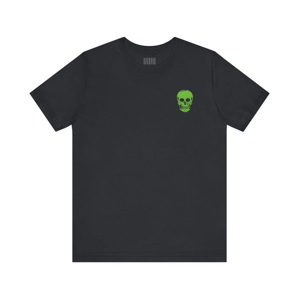 Black streetwear t shirt with small green skull graphic on chest by Sandra Oles