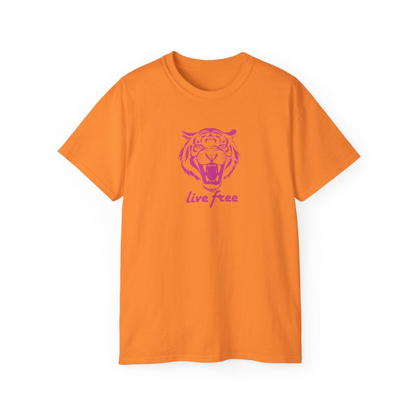 Orange statement tee with pink roaring tiger head graphic and "Live Free" slogan