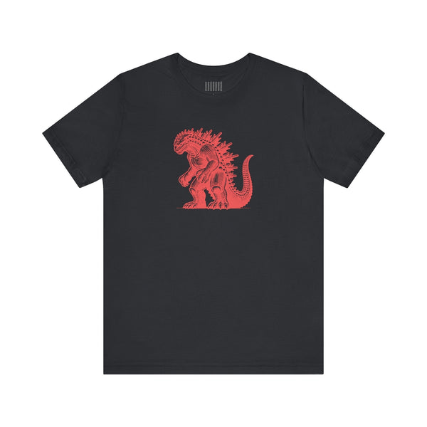 Black t-shirt with red Godzilla graphic kaiju design for monster movie fans.