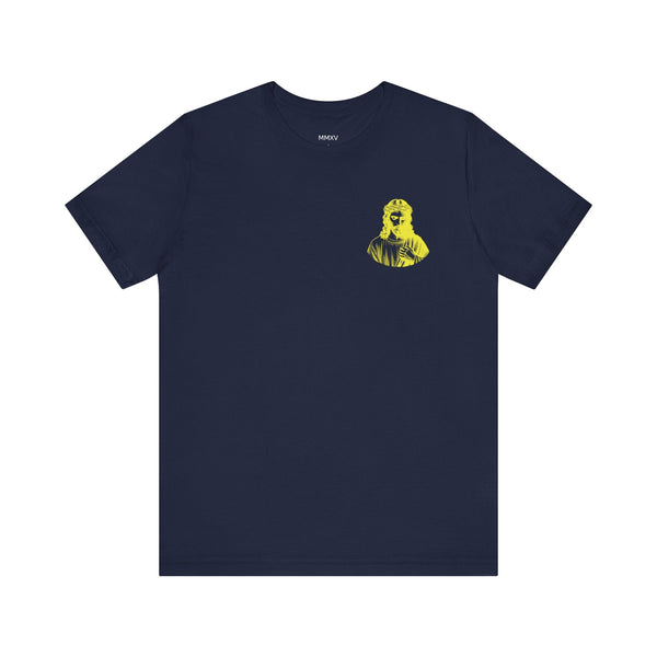 Navy unisex Jesus t shirt with yellow mini Jesus in crown of thorns graphic on front left