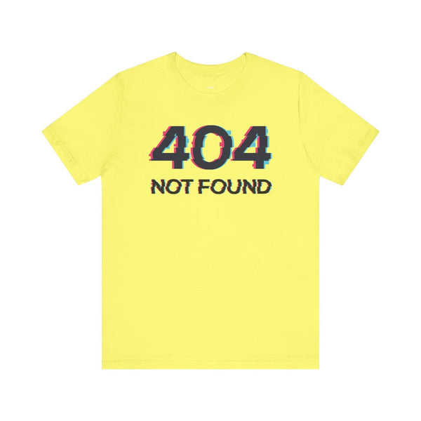 Yellow 404 Not Found glitch graphic unisex t-shirt made of soft 100% Airlume cotton with side seams and ribbed collar.