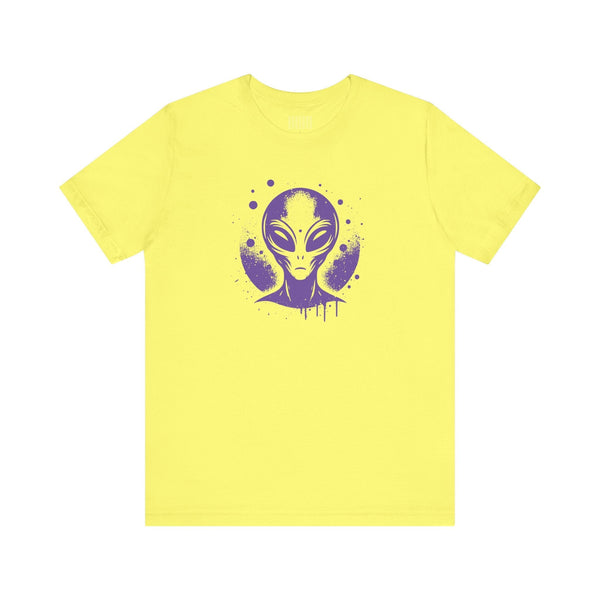 Yellow streetwear alien t shirt with a violet ET graphic inspired by 1980s sci-fi and street art style