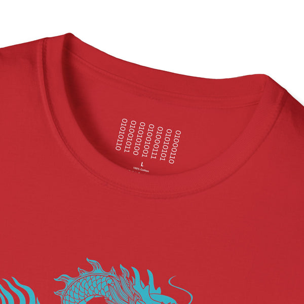 Red dragon t shirt with electric frost blue mythical serpent graphic on front, unisex softstyle cotton tee from Fugitive Collection.