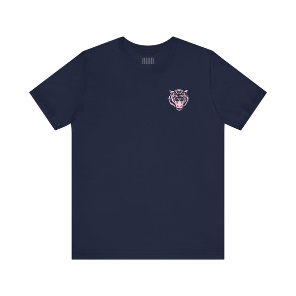 navy blue retro tiger t shirt with minimal pastel tiger chest graphic and unisex fit