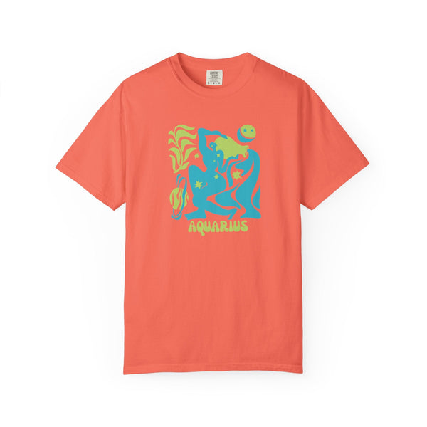 Coral Aquarius zodiac graphic tee with vibrant aqua blue and green celestial water-bearer design