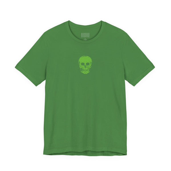 Green urban streetwear t-shirt with centered mini green skull graphic design.